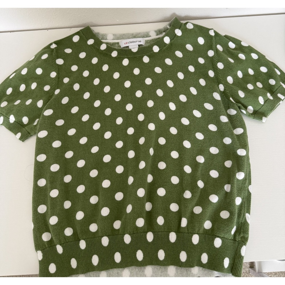 Liz Claiborne PM Green White Polka Dot Short Sleeve Sweater Knit Top Crew Neck